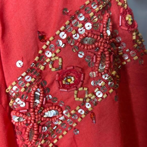 Calypso St. Barth Red Embellished Scoop Neck Blouse Large Gold Sequins - Picture 6 of 8